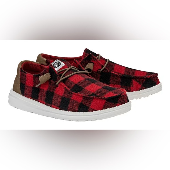 New - HEYDUDE Wendy Buffalo Plaid Casual Shoes for Ladies in Red/Black - Picture 4 of 8